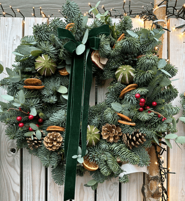 Traditional Fresh Christmas Wreath - Green Velvet Traditional Festive Wreath