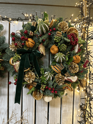 Traditional Fresh Green, Red, Gold Fresh Christmas Wreath - Green Velvet Bow Traditional  Wreath