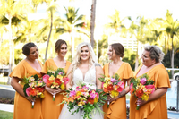 Tropical Artificial Pink & Orange Wedding Bouquet – Vibrant Faux Bridal Flowers – Exotic Summer Dest