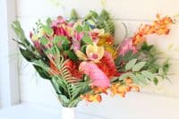 Tropical Artificial Pink & Orange Wedding Bouquet – Vibrant Faux Bridal Flowers – Exotic Summer Dest