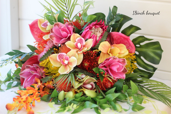Tropical Artificial Pink & Orange Wedding Bouquet – Vibrant Faux Bridal Flowers – Exotic Summer Dest