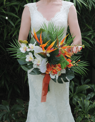 Tropical Burnt Orange & White Faux Tropical Wedding Bouquet – Birds of Paradise, Anthurium & Orchid