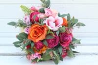 Vibrant Hot Pink and Orange Artificial Bridal Bouquet – Bright Pink & Orange Faux Wedding Flowers