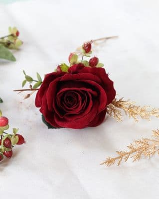 Vivienne Burgundy Rose Buttonhole - Red & Gold Rose Wedding  Boutonniere - Grooms Winter Buttonhole