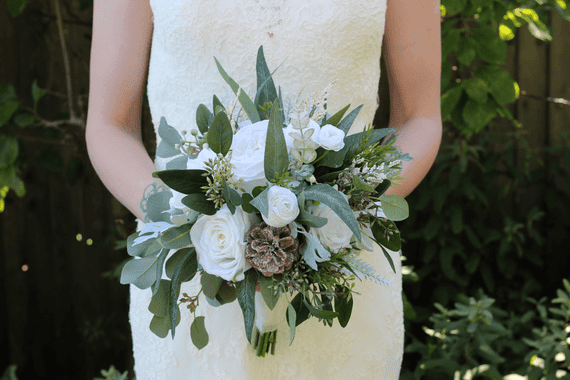 White Winter Artificial Wedding Bouquet – Real Touch White Bridal Flowers
