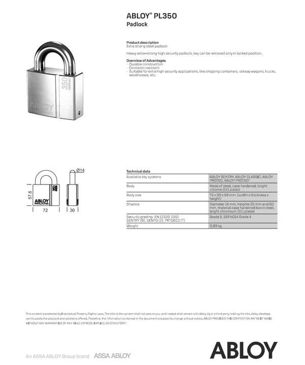 Abloy PL350 Protec 2  Padlock  £166.00 c/w 2 keys - In stock