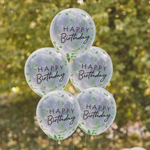 Happy Birthday, Green Leaf Confetti Balloons x5