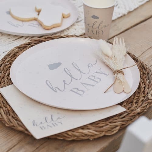 Hello Baby, Baby Shower, Neutral Speckle Paper Plates x 8