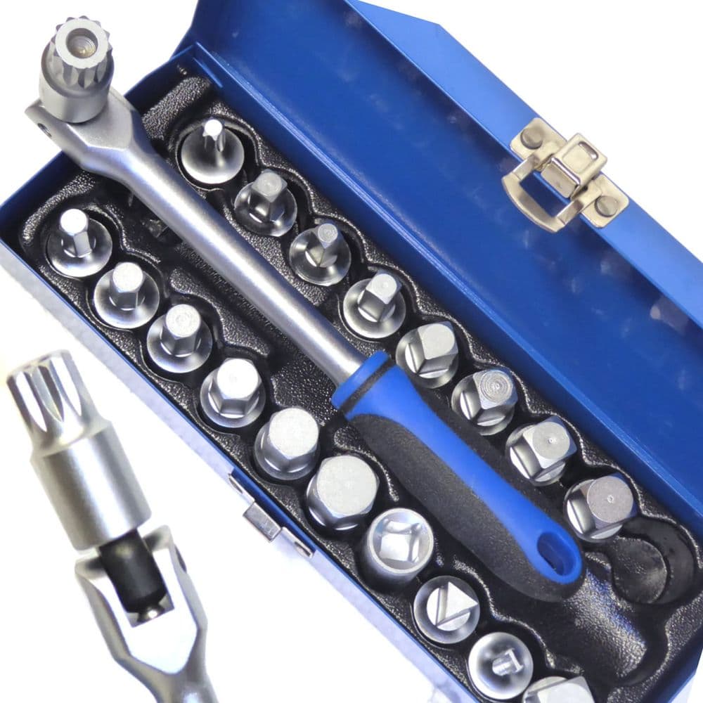 20pc Oil Drain Sump Plug Key Set Universal Hex Square Triangle 3/8 inch