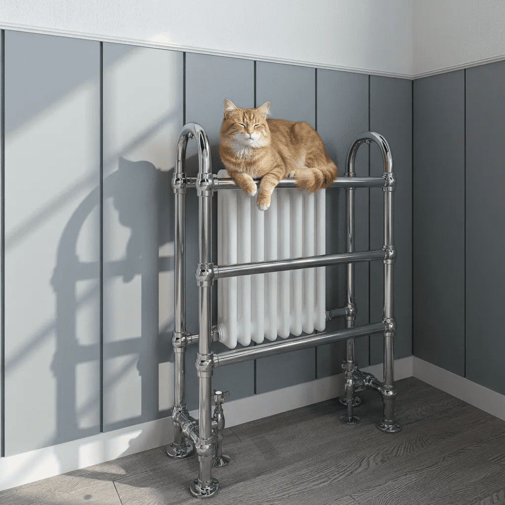 Traditional Floor-Mounted Towel Rail Radiators are a Must-Have for Period Bathrooms (And Cat Naps)
