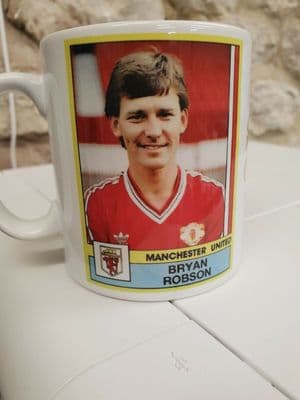 Bryan Robson Sticker Cup Mug 1980s Panini Football stickerbook Topps Captain