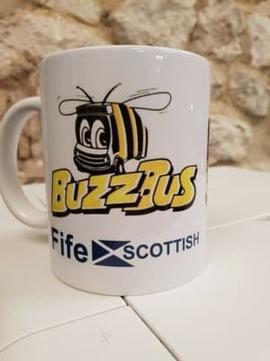 Fife Scottish BuzzBus Cup Mug MCW Metrorider route K4 Buzz Bus timetable sticker