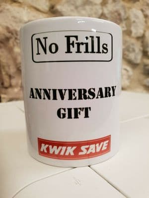 Kwik Save No Frills Anniversary Gift Cup Mug funny daft Tesco Value 80s 90s