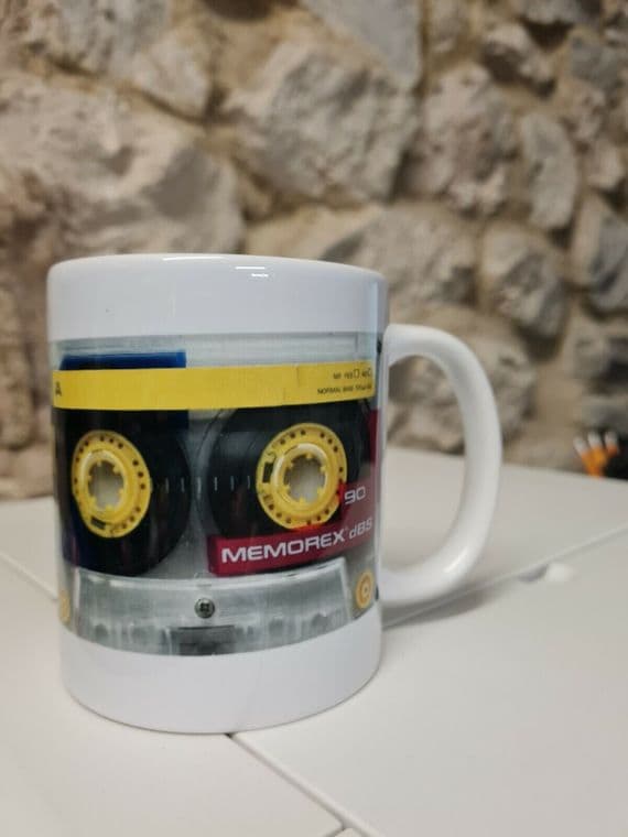 Memorex Blank Music Cassette Tape Mug Cup 1980s label can be personalised mix