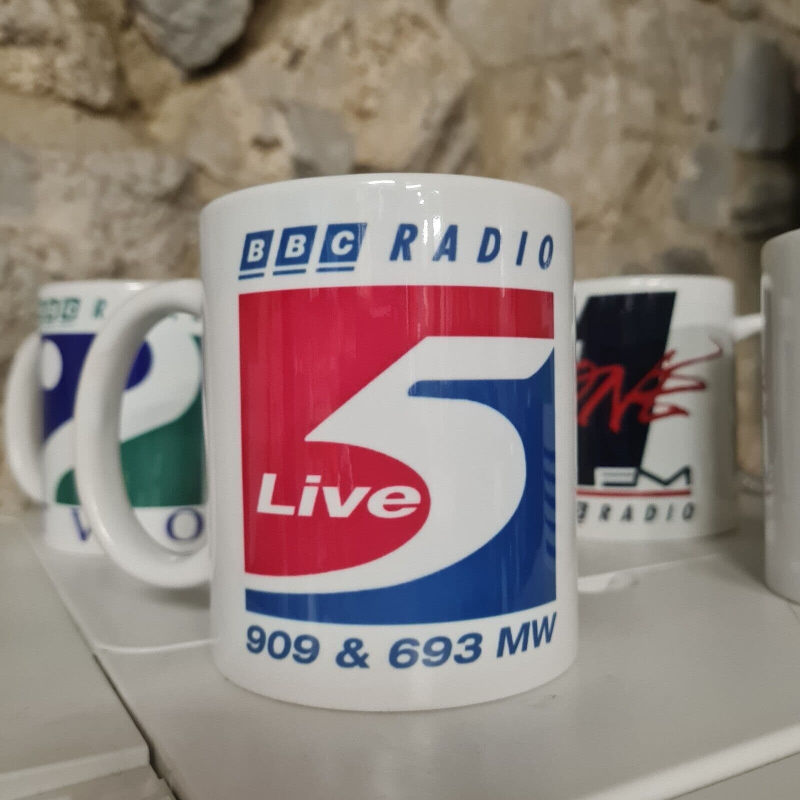 Retro Radio 5 Five Live 1994 logo mug cup rebrand relaunch logo