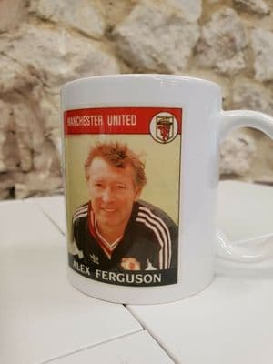 Sir Alex Ferguson Sticker Cup Mug 1980s Panini stickerbook football 1989 Legend