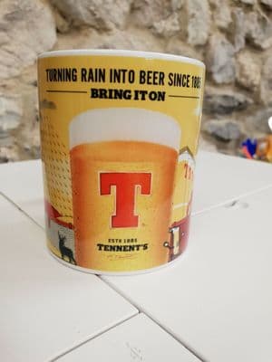 Tennents Lager Cup Mug making beer out of rain since 1885 funny nostalgic gift