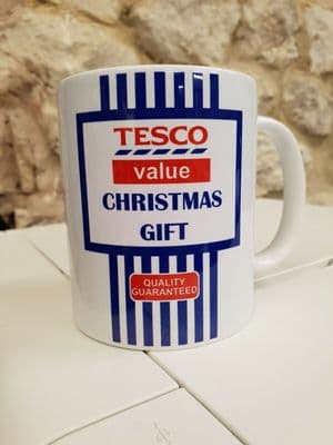 Tesco Value Christmas Present Cup  Mug funny daft gift no frills 80s 90s