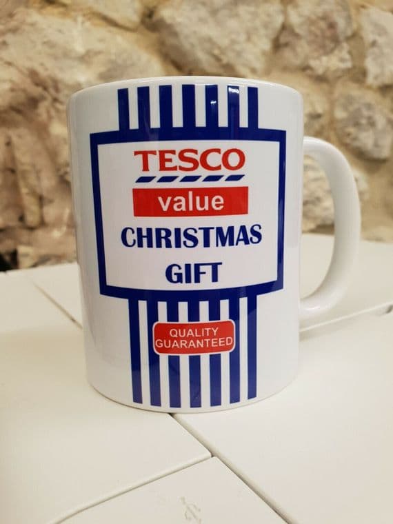 Tesco Value Christmas Present Cup  Mug funny daft gift no frills 80s 90s