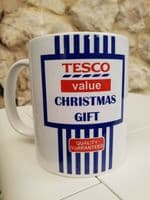 Tesco Value Christmas Present Cup  Mug funny daft gift no frills 80s 90s