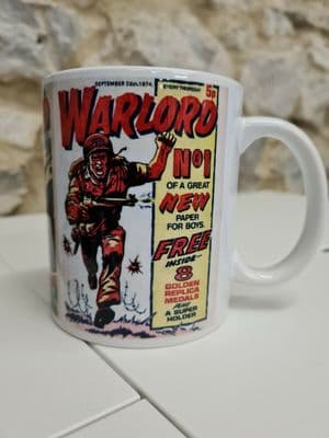 Warlord Comic Cup Mug featuring covers of issues 1 and 16 War Lord
