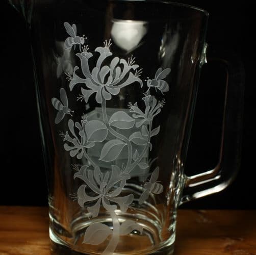 Bee Hive Honey Bee Honeysuckle Engraved Glass Jug