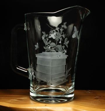 Bee Hive Honey Bee Honeysuckle Engraved Glass Jug