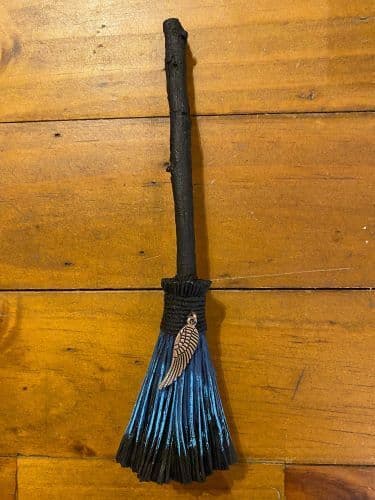 Broomstick Witches Broom Light Blue Feather Charm 20cm Tall