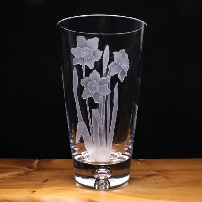 Daffodils Engraved Hand Made Crystal Glass Vase 180mm