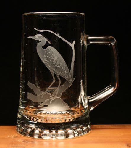 Heron Bird Engraved Glass Tankard