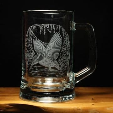 Kingfisher Bird Engraved Glass Tankard