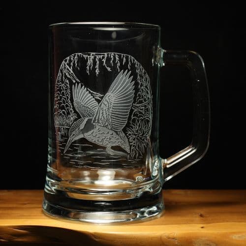 Kingfisher Bird Engraved Glass Tankard