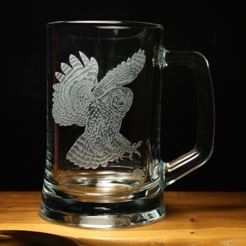 Owl Bird Engraved Glass Tankard