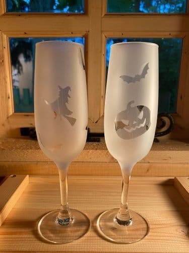 Pair Halloween Witch Bat Pumpkin Champagne Glasses