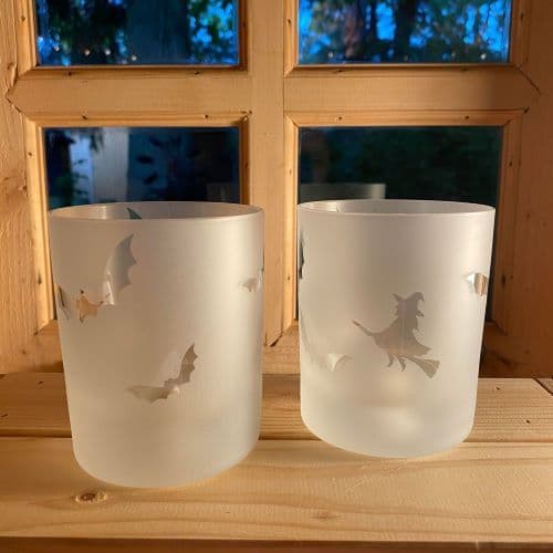 Pair Halloween Witch Bat Pumpkin Glass Tumblers