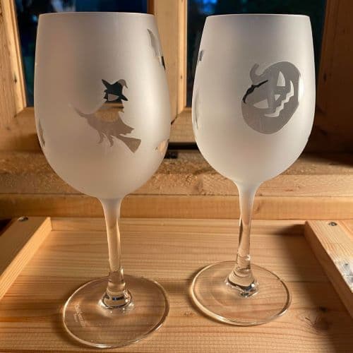 Pair Halloween Witch Bat Pumpkin Wine Glasses
