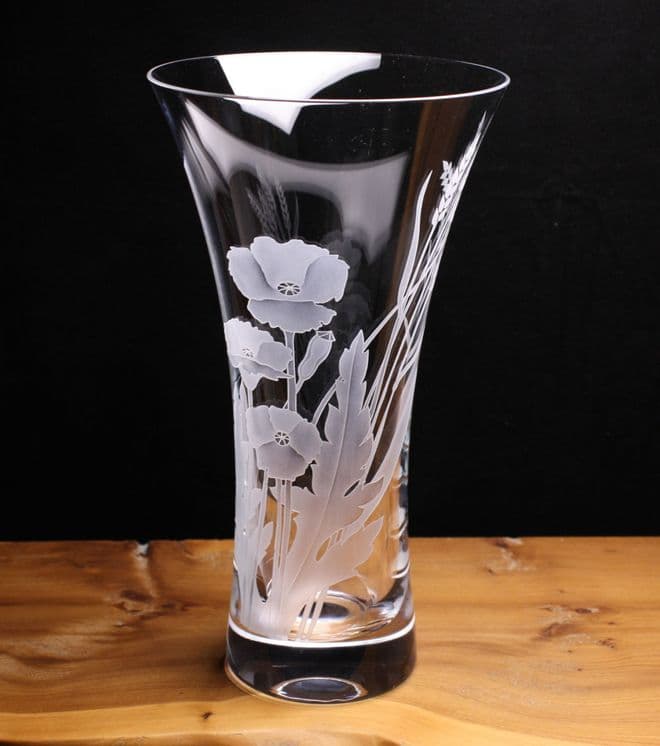 Poppies & Corn Engraved Glass Vase 215mm