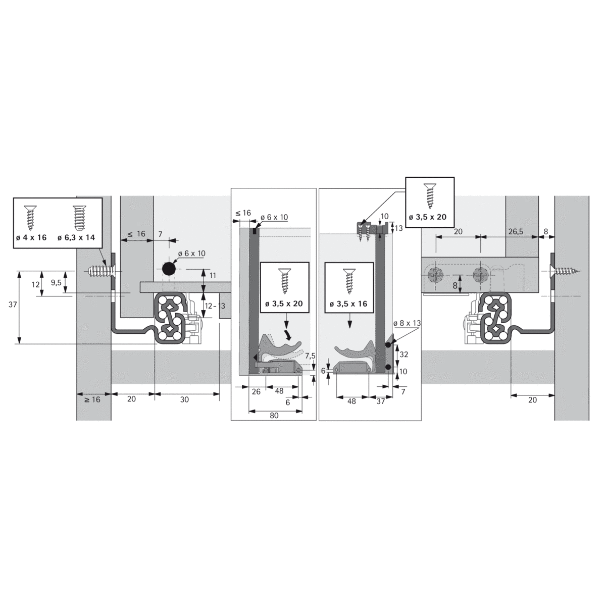Hettich Quadro V6 Push To Open Drawer Runner inc clips pair