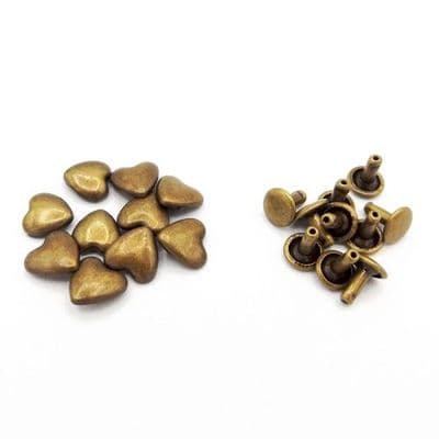 Heart Shaped Rivets ~ x 10 Antique Brass