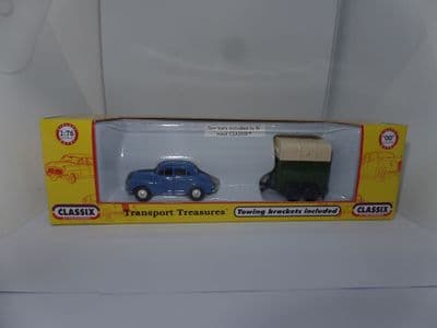 Classix EM76521 Cattle Trailer Twin Axle Green & Cream towed by Morris Minor Blue