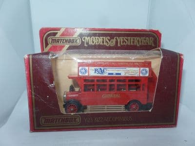 MATCHBOX YESTERYEAR Y23 1922 AEC S TYPE  BUS London General Hither Green RAC Ads MIB