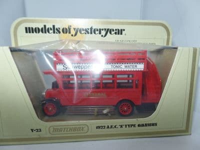 MATCHBOX YESTERYEAR Y23 1922 AEC S TYPE  BUS London General Hither Green Schweppes Ads  White MIB