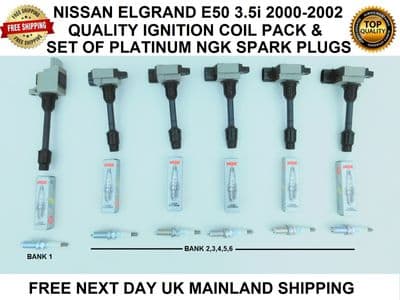 NISSAN ELGRAND E50  3.5i IGNITION COIL SET O,E SPEC & SET OF PLATINUM SPARK PLUGS