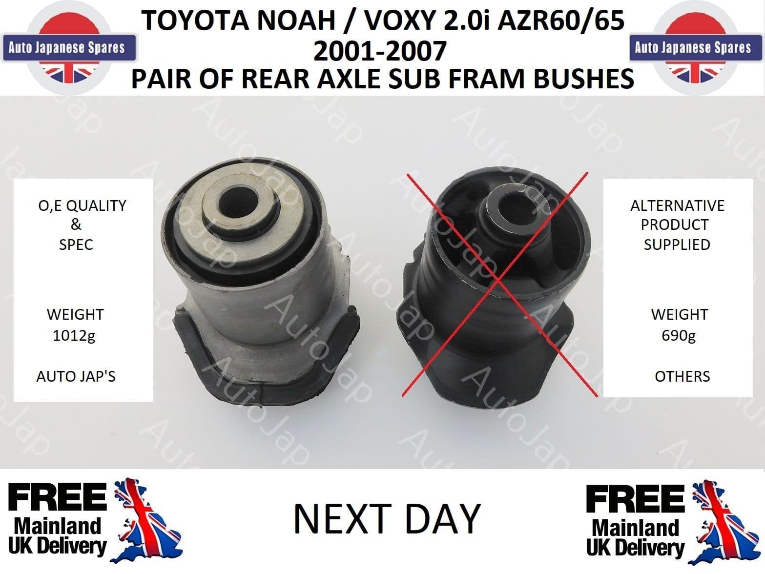 パーツ aramisu TOYOTA NOAH / VOXY AZR60 AZR65 01-07 PAIR OF REAR AXLE SUBFRAME BUSHES