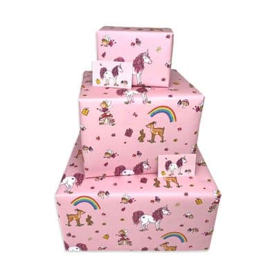 2TWR1 - Girls Wrapping Paper - Pink Unicorns - 2 Sheets & 2 Tags