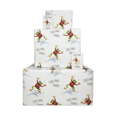 2TWR25 - Funny Christmas Wrapping Paper - Frog Christmas Jumper - 2 Sheets & 2 Tags