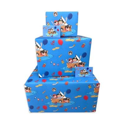 2TWR4 - Boys Wrapping Paper - Blue Pirates - 2 Sheets & 2 Tags