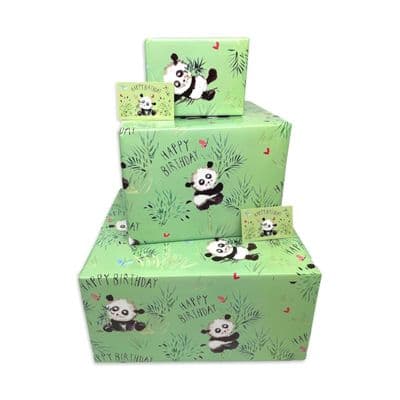 2TWR7 - Happy Birthday Wrapping Paper - Pandas - 2 Sheets & 2 Tags