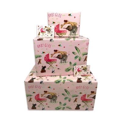 2TWR8 - New Baby Girl Wrapping Paper - Pink Jungle Animals - 2 Sheets & 2 Tags