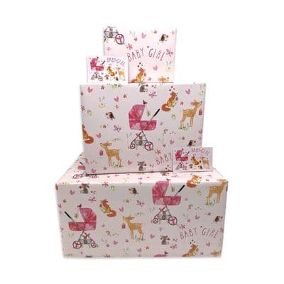 2TWR9 - New Baby Girl Wrapping Paper - Pink Forest Animals - 2 Sheets & 2 Tags
